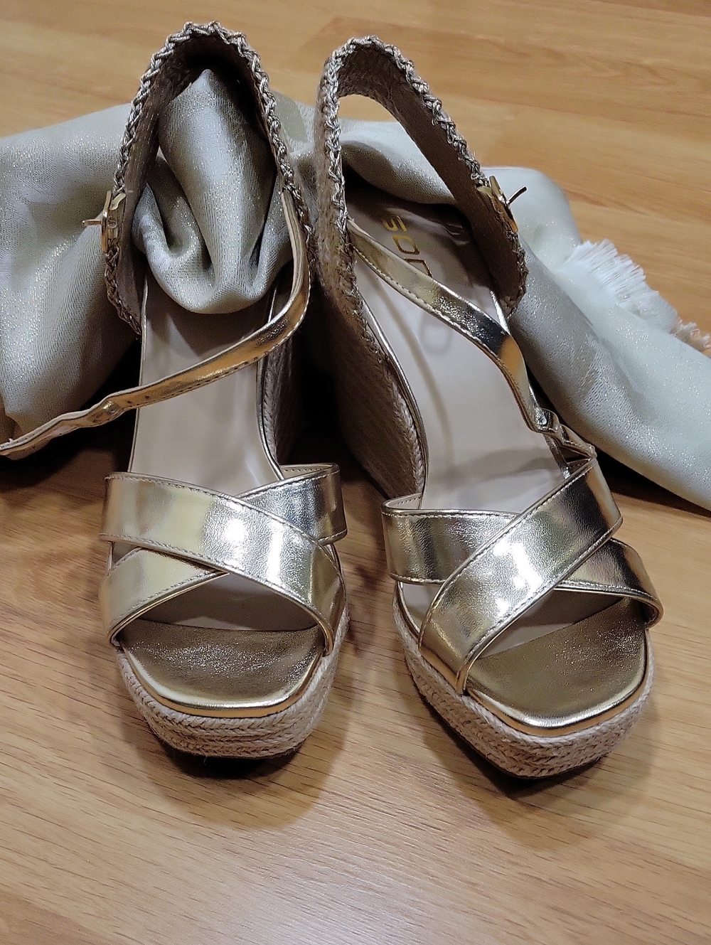 Soda Gold Espadrille Wedge Sandals with Ankle Strap